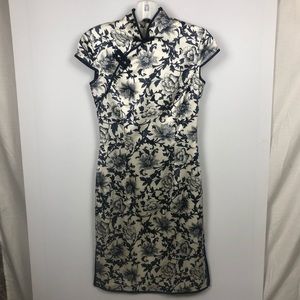 Silk Navy & White Floral Chinese Qipao Cheongsam S